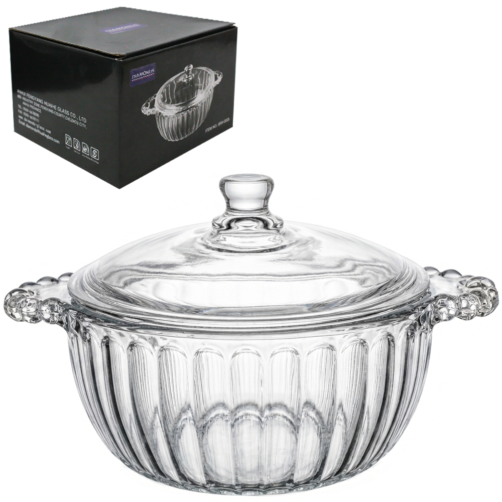 TIGELA TRAVESSA DE VIDRO REDONDA CANELADO COM ALCA PEROLA + TAMPA DE VIDRO LISA 1080ML
