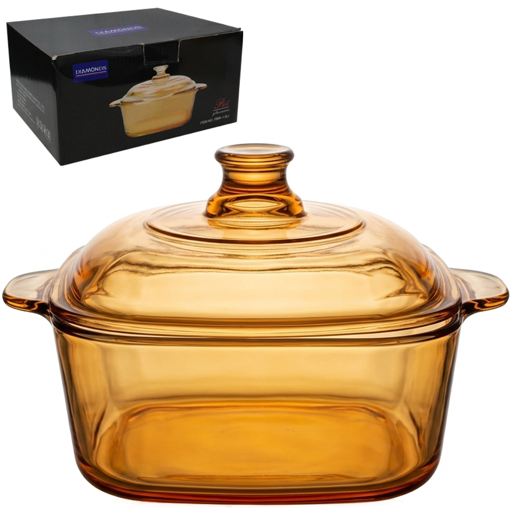 TIGELA TRAVESSA DE VIDRO QUADRADA LISA COM ALCA + TAMPA DE VIDRO AMBAR 1,5L