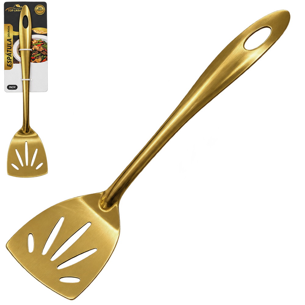 ESPATULA VAZADA DOURADA PREMIUM TOP CASA DE INOX 28,5X6,5CM