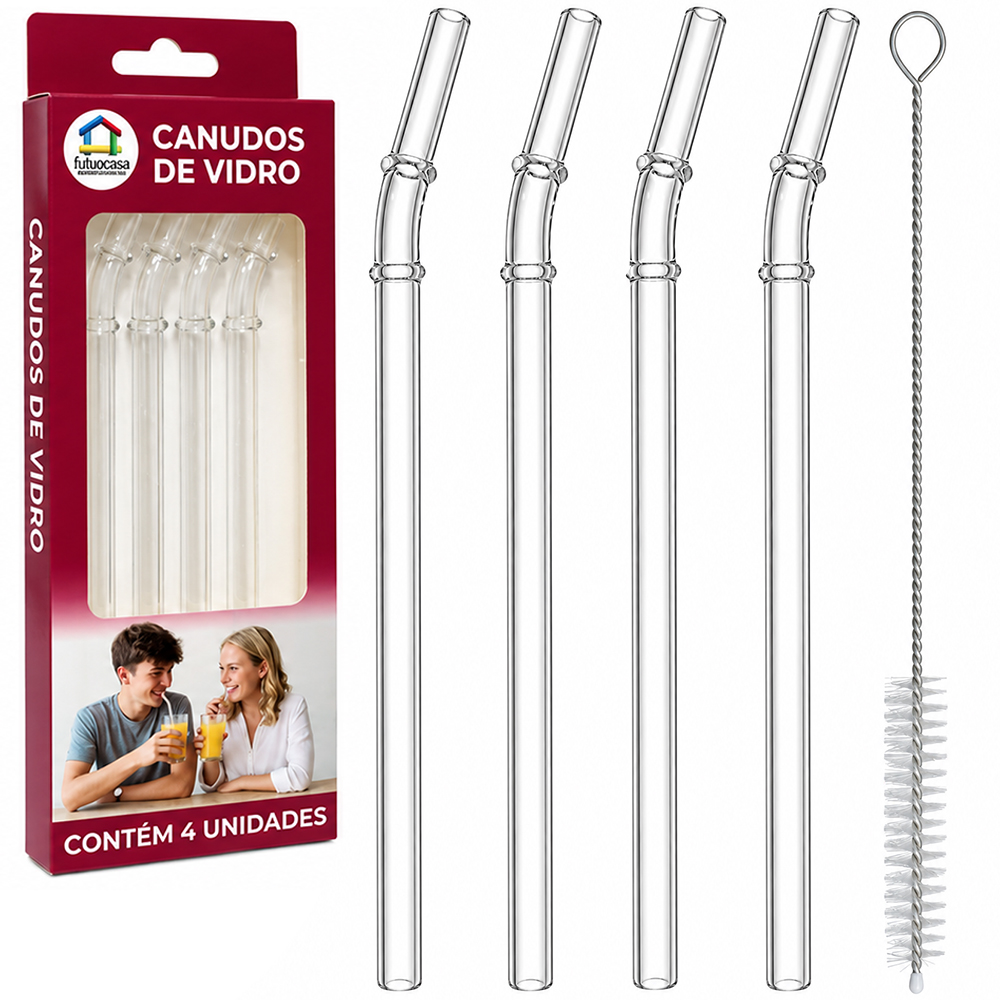 CANUDO DE VIDRO CURVADO REUTILIZAVEL COM 4 PECAS + ESCOVA HIGIENICA 