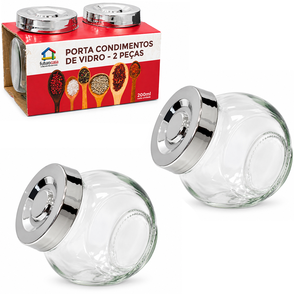 PORTA CONDIMENTO DE VIDRO BALEIRO COM TAMPA DE PLASTICO METALIZADO PRATA COM 2 PECAS 200ML 