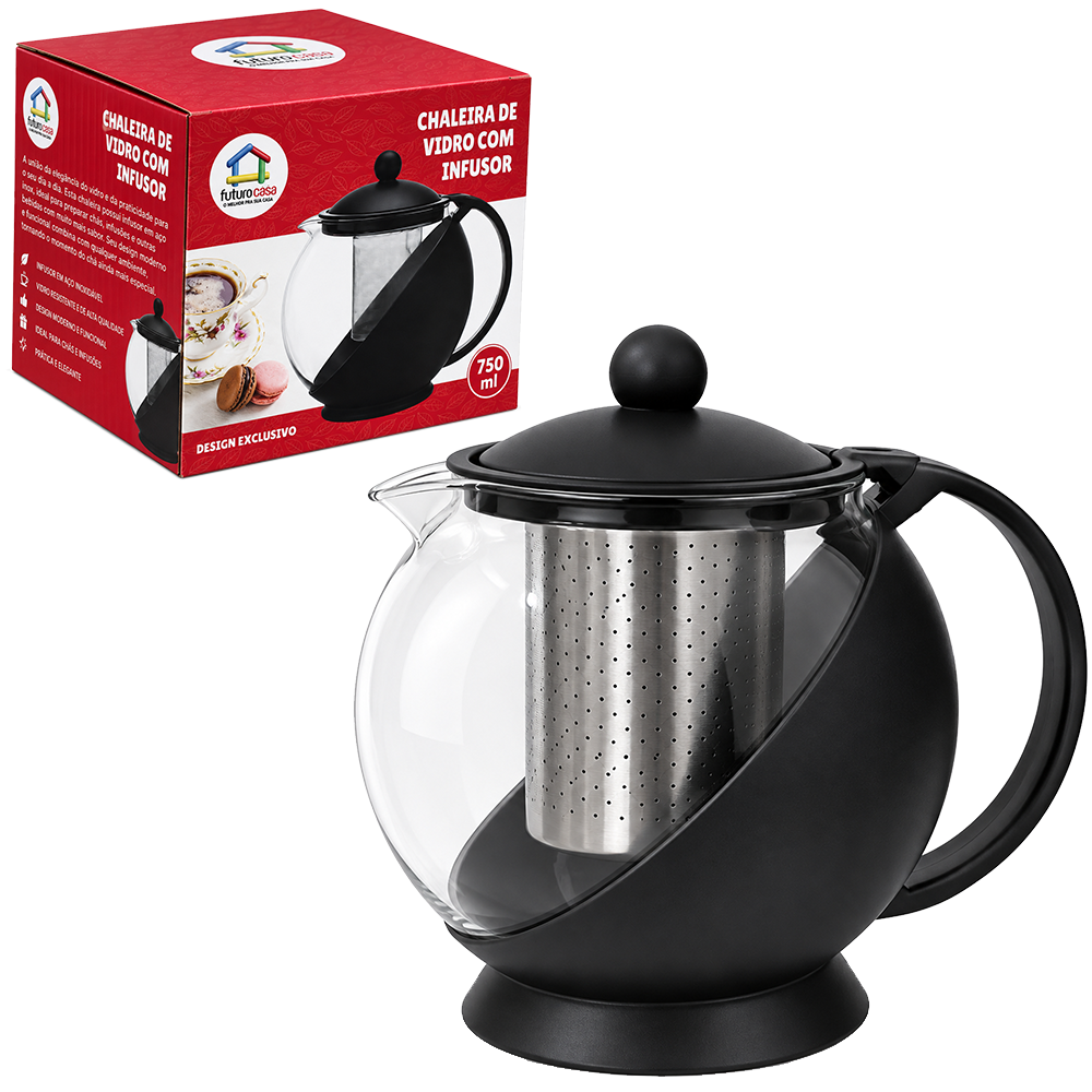 CHALEIRA DE VIDRO COM INFUSOR DE INOX + ALCA E TAMPA DE PLASTICO 750ML 