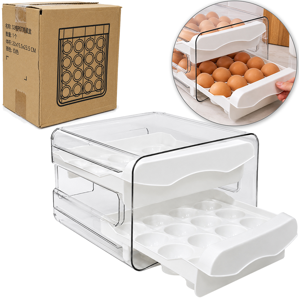ORGANIZADOR PORTA OVOS DE PLASTICO PET FLEXIVEL RETANGULAR COM 2 GAVETAS 32 CAVIDADES 22,5X21,5X14,5CM