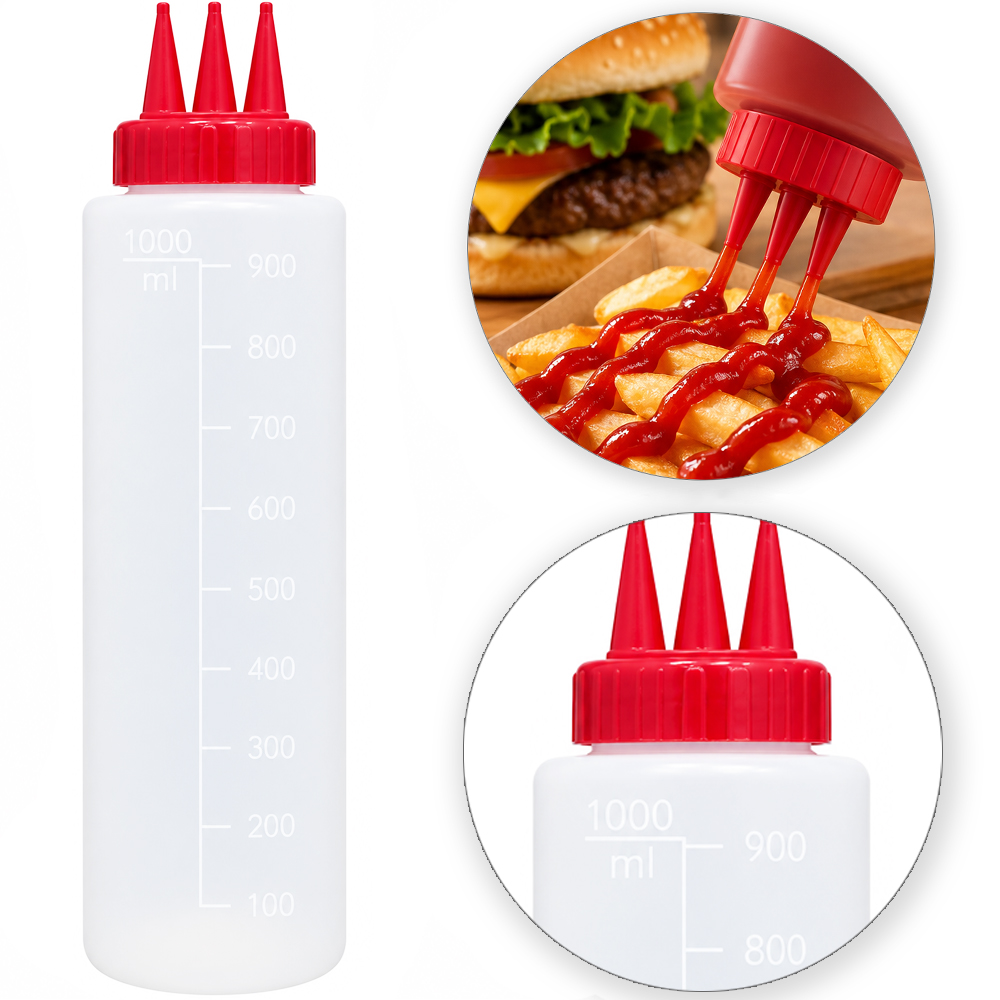 BISNAGA DE PLASTICO LISA PARA KETCHUP COM 3 BICOS 1L