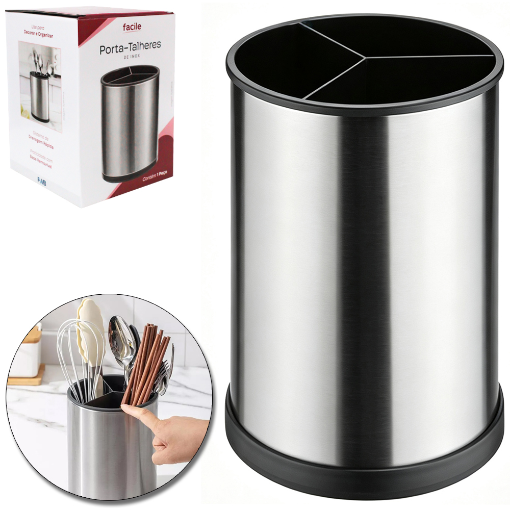 PORTA TALHER / UTENSILIOS / ESCORREDOR DE TALHER REDONDO COM BASE GIRATORIO + 3 DIVISORIAS FACILE DE INOX 17X12CM DE Ø 