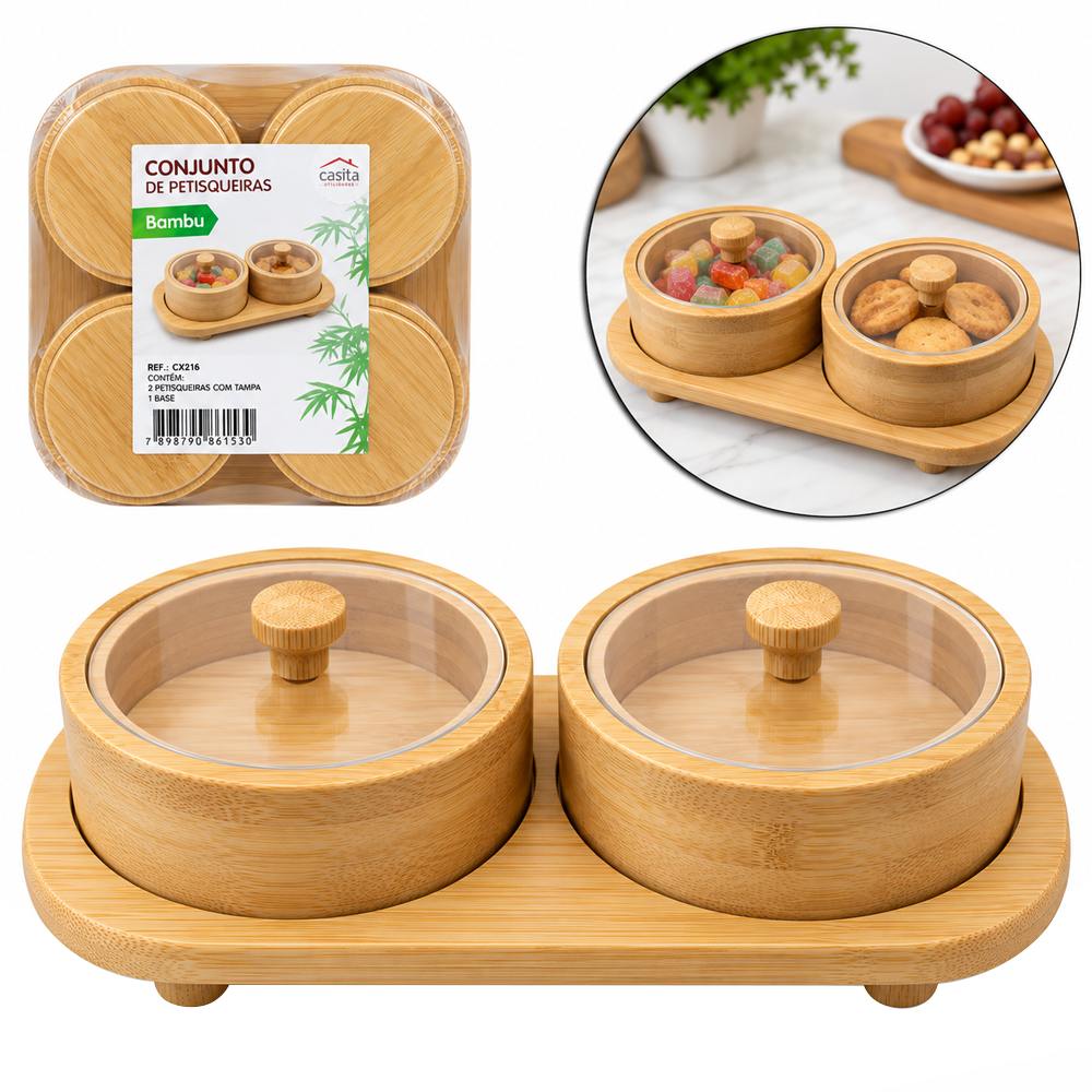 CONJUNTO PETISQUEIRA DE BAMBU COM 2 PECAS + BANDEJA E TAMPA DE PLASTICO PET
