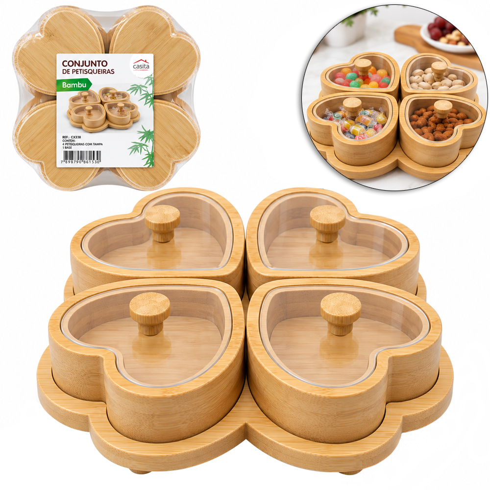 CONJUNTO PETISQUEIRA DE BAMBU CORACAO COM 4 PECAS + BANDEJA E TAMPA DE PLASTICO PET