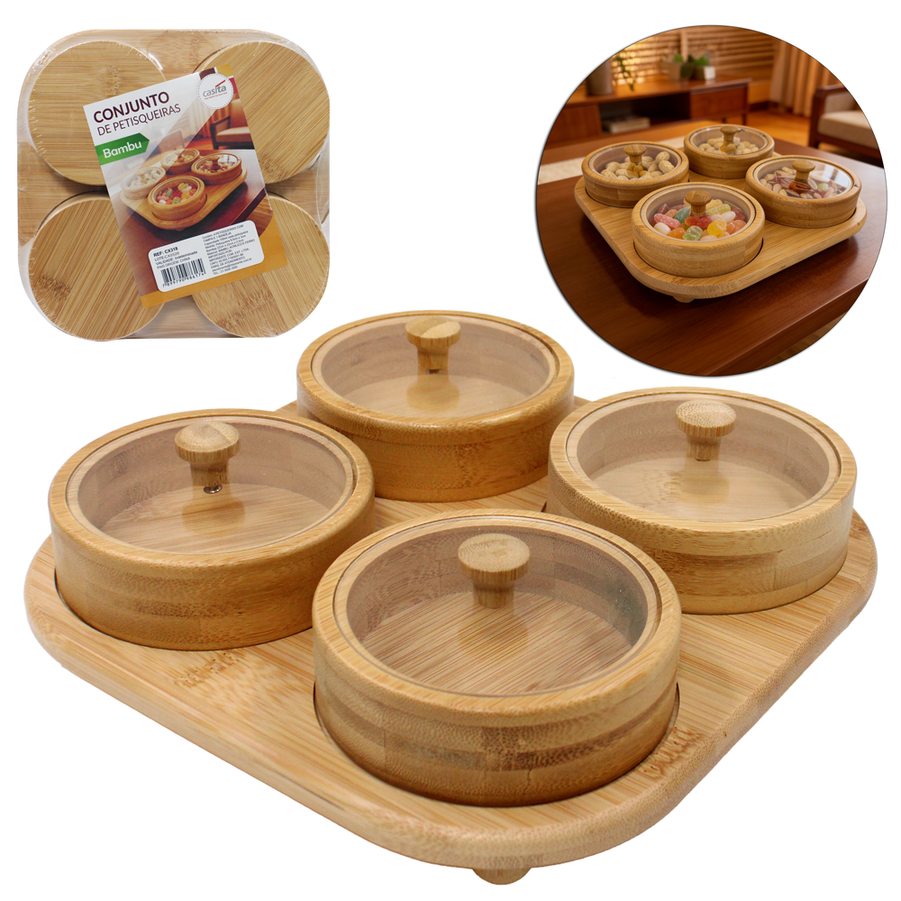 CONJUNTO PETISQUEIRA DE BAMBU COM 4 PECAS + BANDEJA E TAMPA DE PLASTICO PET
