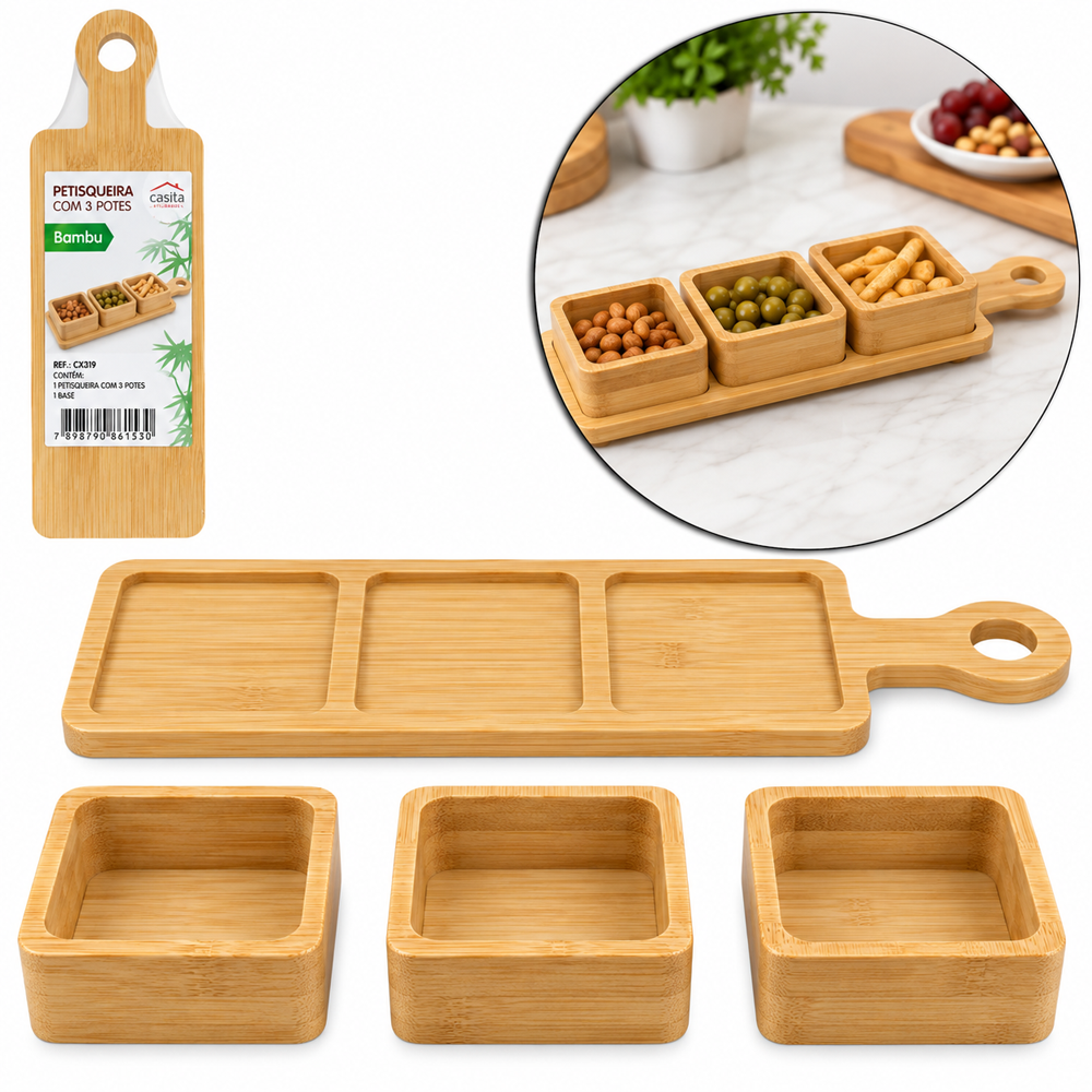 CONJUNTO PETISQUEIRA DE BAMBU COM 3 PECAS + BANDEJA COM PEGADOR