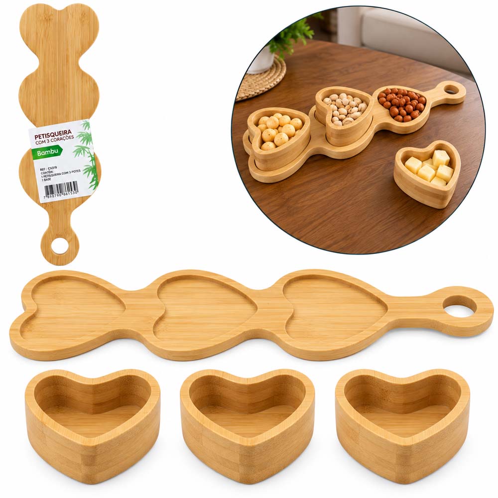 CONJUNTO PETISQUEIRA DE BAMBU CORACAO COM 3 PECAS + BANDEJA COM PEGADOR