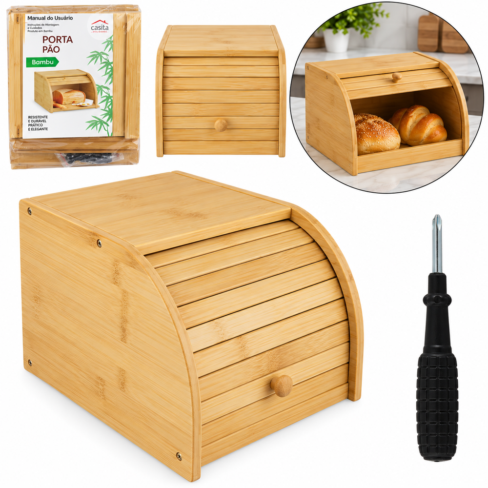 PORTA PAO DE BAMBU RETANGULAR COM TAMPA RETRATIL + CHAVE PHILIPS 27X20X18CM