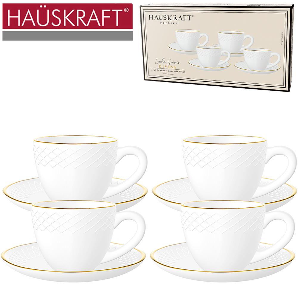 JOGO XICARA OPALINO BRANCO COM BORDA DOURADA + PIRES PARA CAFE LINHA SERVIR DIVINE HAUSKRAFT PREMIUM 8 PECAS