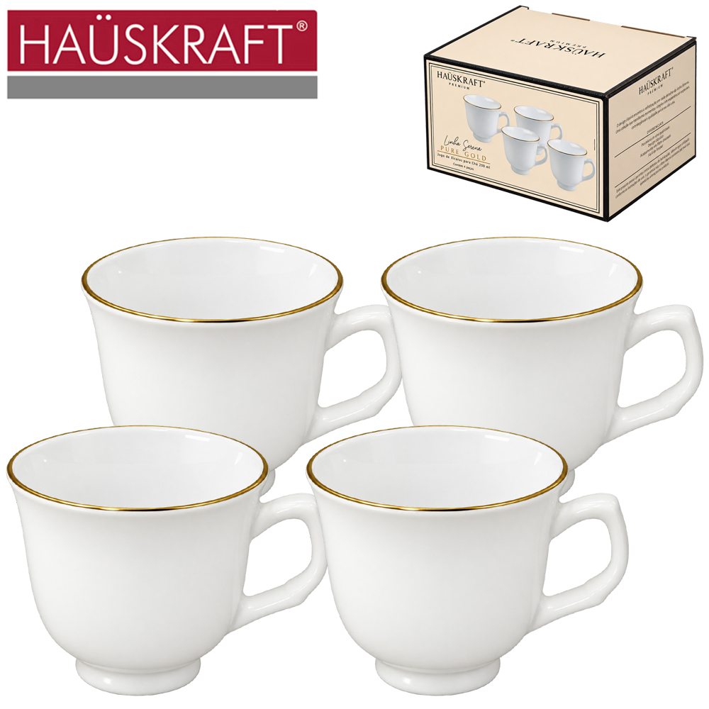 JOGO DE CANECA XICARA OPALINO COM BORDA DOURADA PARA CHA LINHA SERVIR PURE GOLD HAUSKRAFT PREMIUM 4 PECAS 200ML 