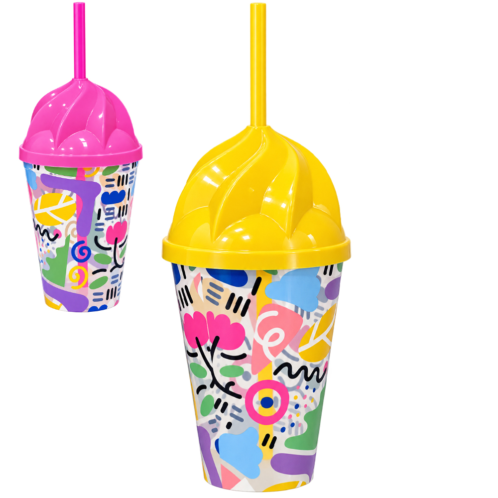 COPO COM TAMPA E CANUDO DE PLASTICO SORVETE 450ML