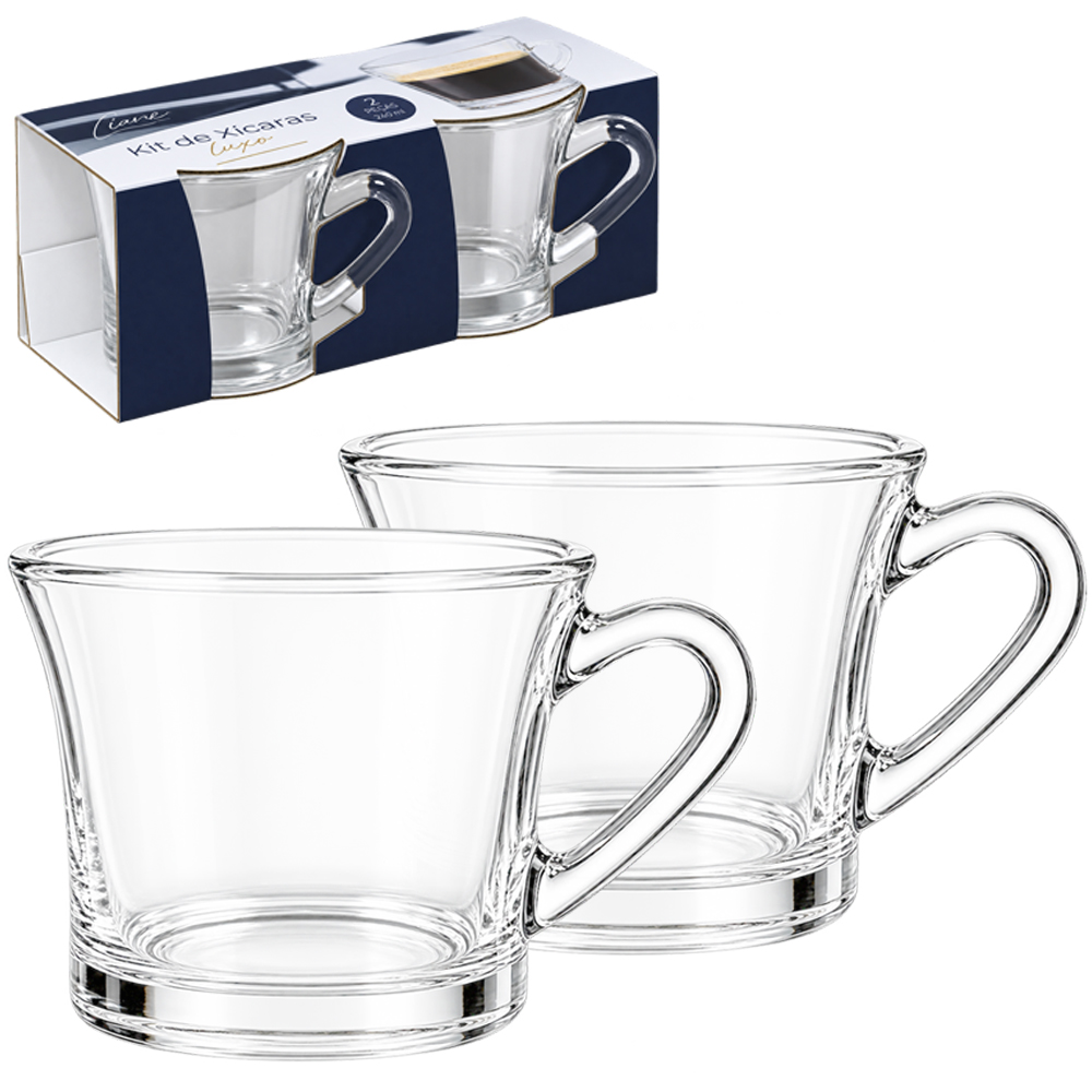 JOGO DE CANECA XICARA DE VIDRO PARA CAFE / CAPPUCCINO LUXE FLUX COM 2 PECAS 160ML 