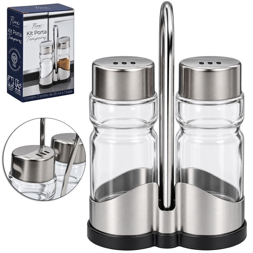 PORTA CONDIMENTO DE VIDRO COM 2 PECAS 50ML + SUPORTE DE PLASTICO / INOX FLUX