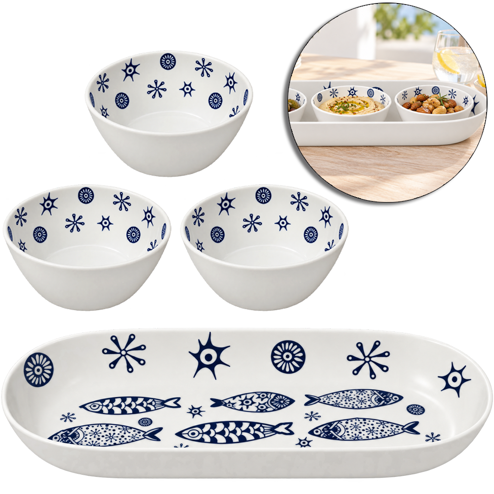 CONJUNTO TRAVESSA OVAL COM 3 TIGELAS REDONDA DE MELAMINA PREMIUM OCEANO 