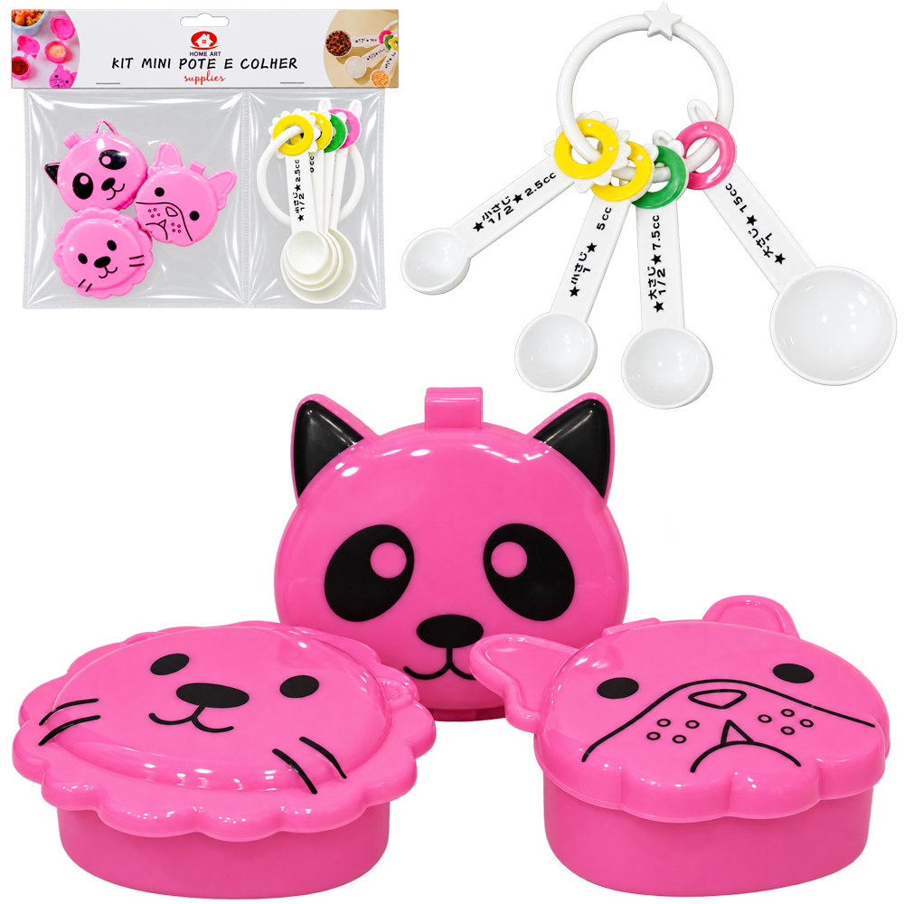 CONJUNTO DE MINI POTE BICHINHO COM TAMPA + COLHER MEDIDORA DE PLASTICO 7 PECAS 