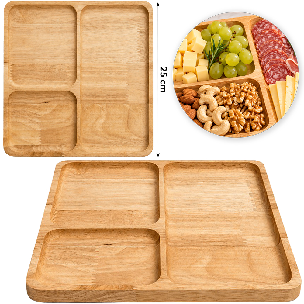 BANDEJA PETISQUEIRA DE MADEIRA QUADRADA COM 3 DIVISORIAS CASA NOBRE KITCHEN'S CHEF 25CM