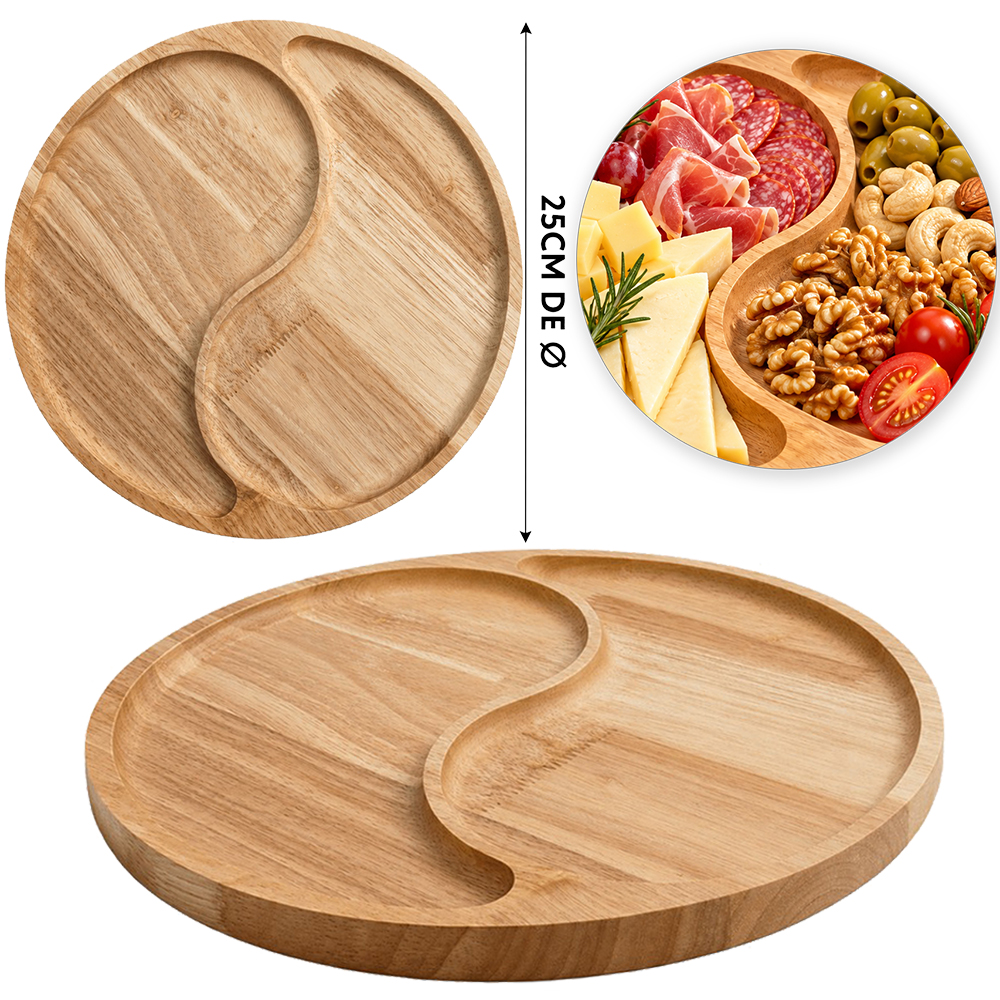 BANDEJA PETISQUEIRA DE MADEIRA REDONDA COM 2 DIVISORIAS CASA NOBRE KITCHEN'S CHEF 25CM DE Ø 