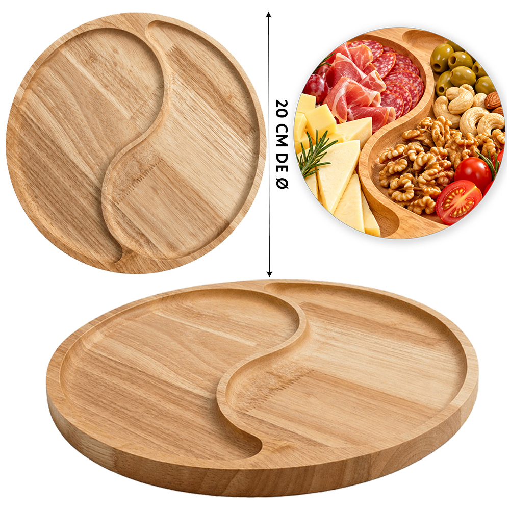 BANDEJA PETISQUEIRA DE MADEIRA REDONDA COM 2 DIVISORIAS CASA NOBRE KITCHEN'S CHEF 20CM DE Ø 