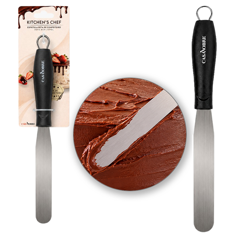 ESPATULA DE COZINHA / CONFEITEIRO RETA DE INOX CABO PLASTICO PRETO CASA NOBRE KITCHEN'S CHEF 32X2,8CM