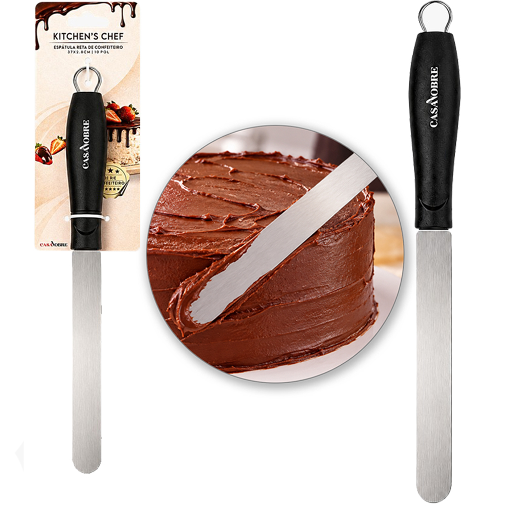 ESPATULA DE COZINHA / CONFEITEIRO RETA DE INOX CABO PLASTICO PRETO CASA NOBRE KITCHEN'S CHEF 37X2,8CM