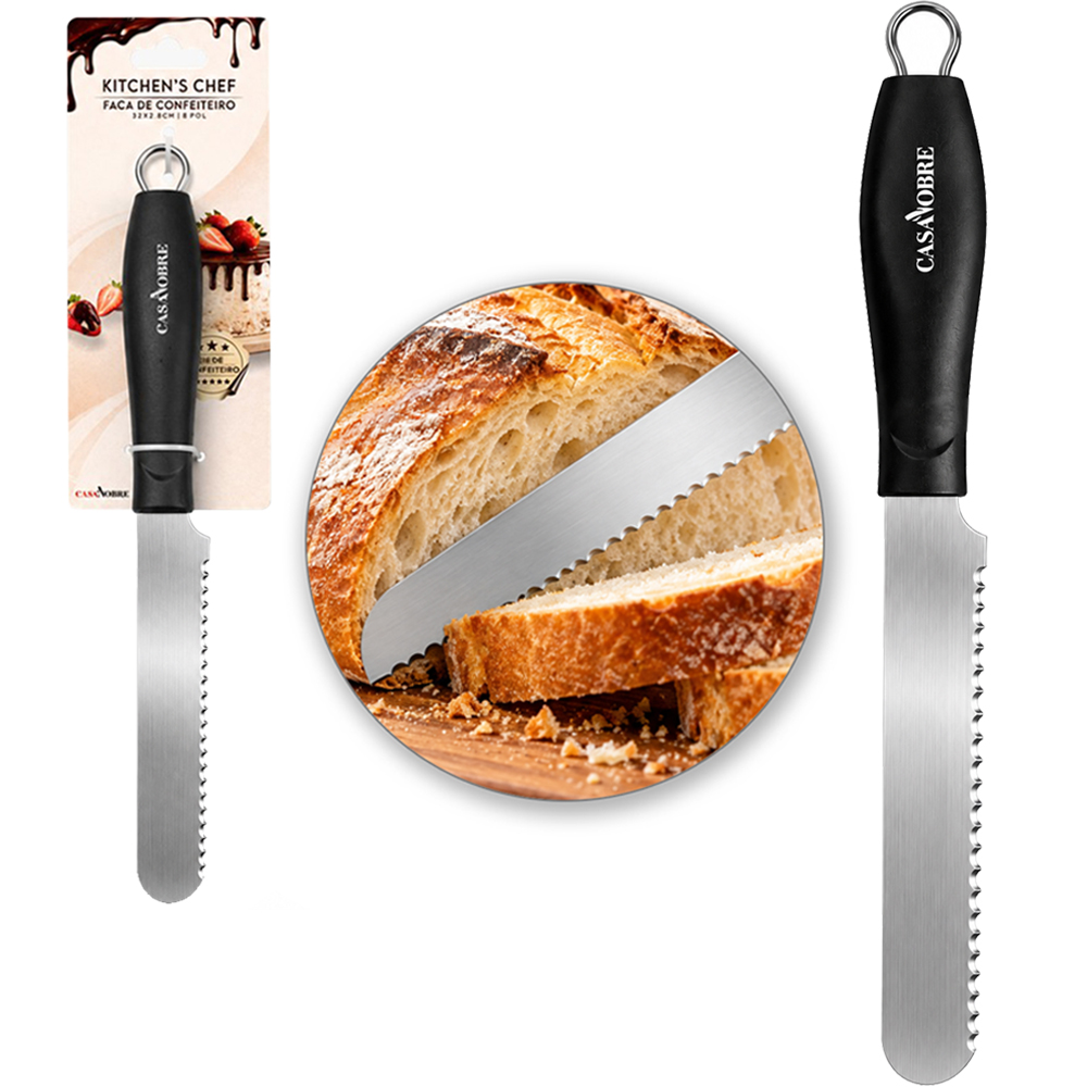 FACA DE PAO DE INOX 8'' CABO PLASTICO PRETO CASA NOBRE KITCHEN'S CHEF