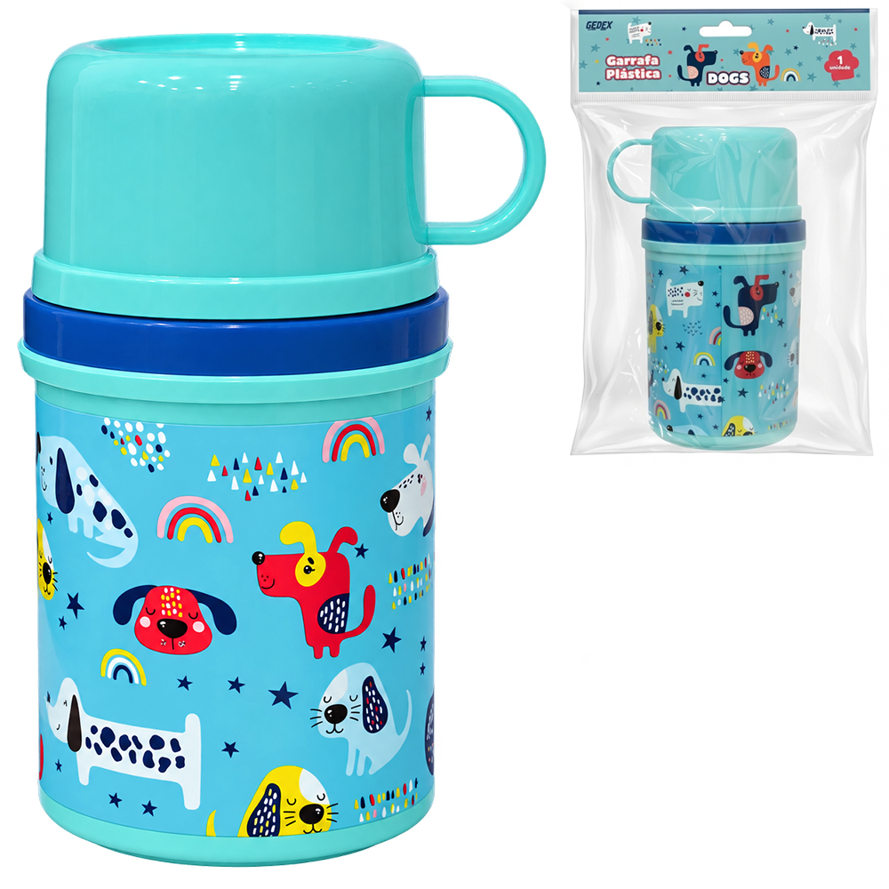GARRAFA DE PLASTICO PP DOGS COM CANECA TAMPA 280 / 150ML 