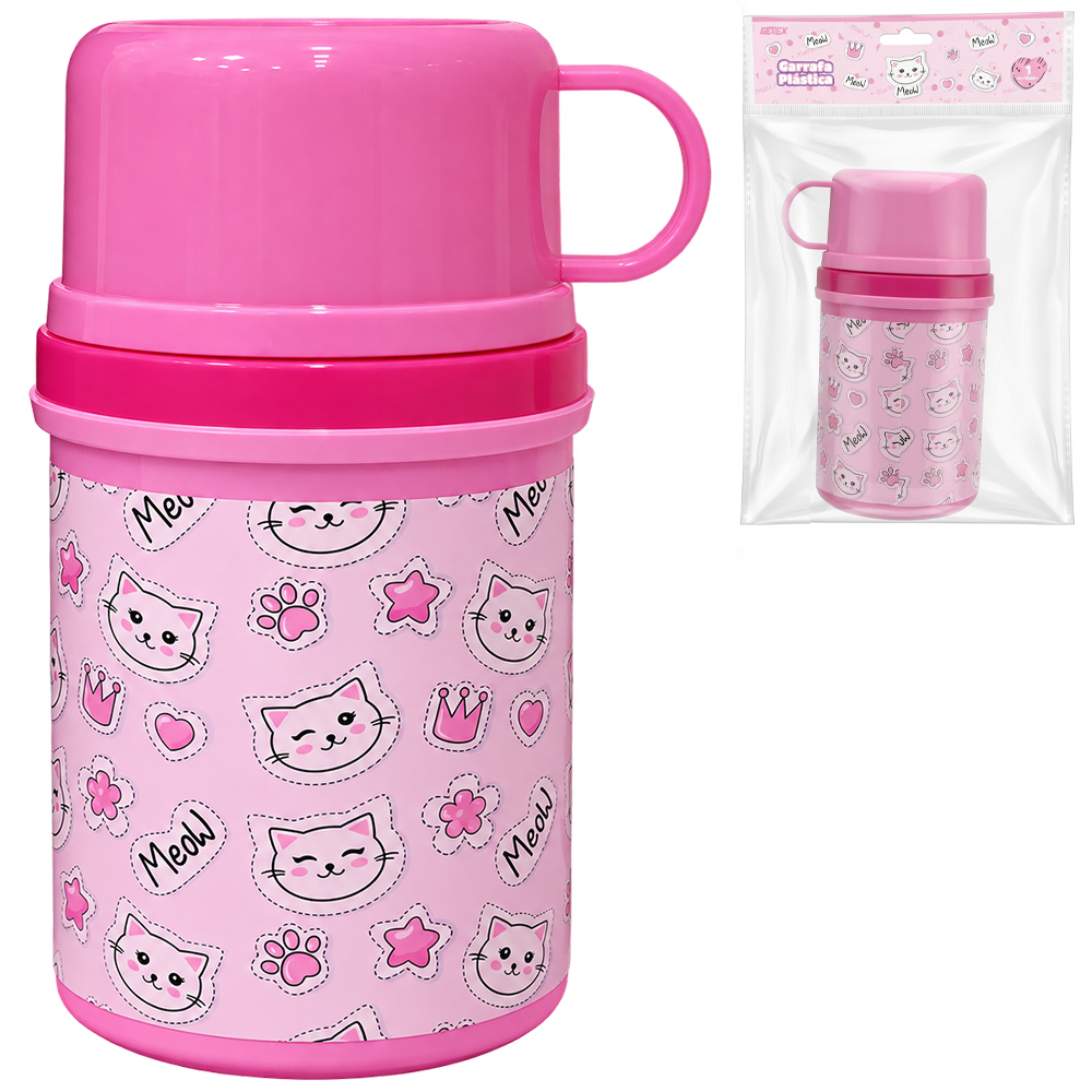GARRAFA DE PLASTICO PP MEOW COM CANECA TAMPA 280 / 150ML