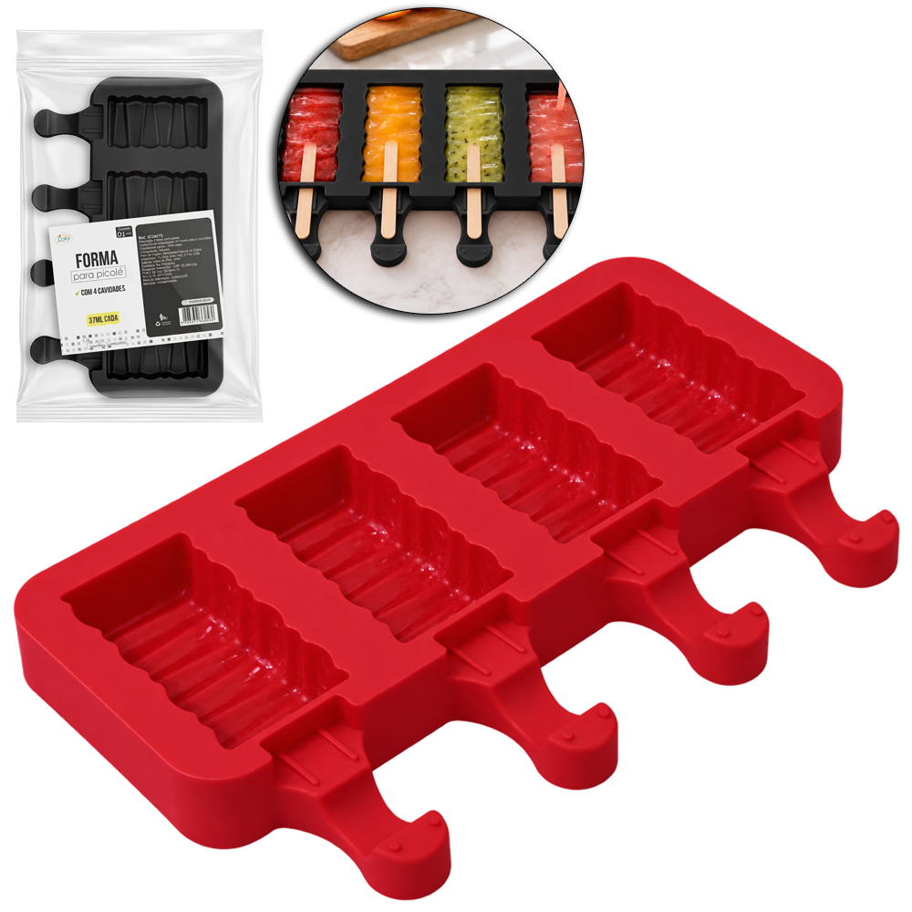 FORMA DE SILICONE RETANGULAR PARA PICOLE / SORVETE COM 4 CAVIDADES 21X13X2CM 