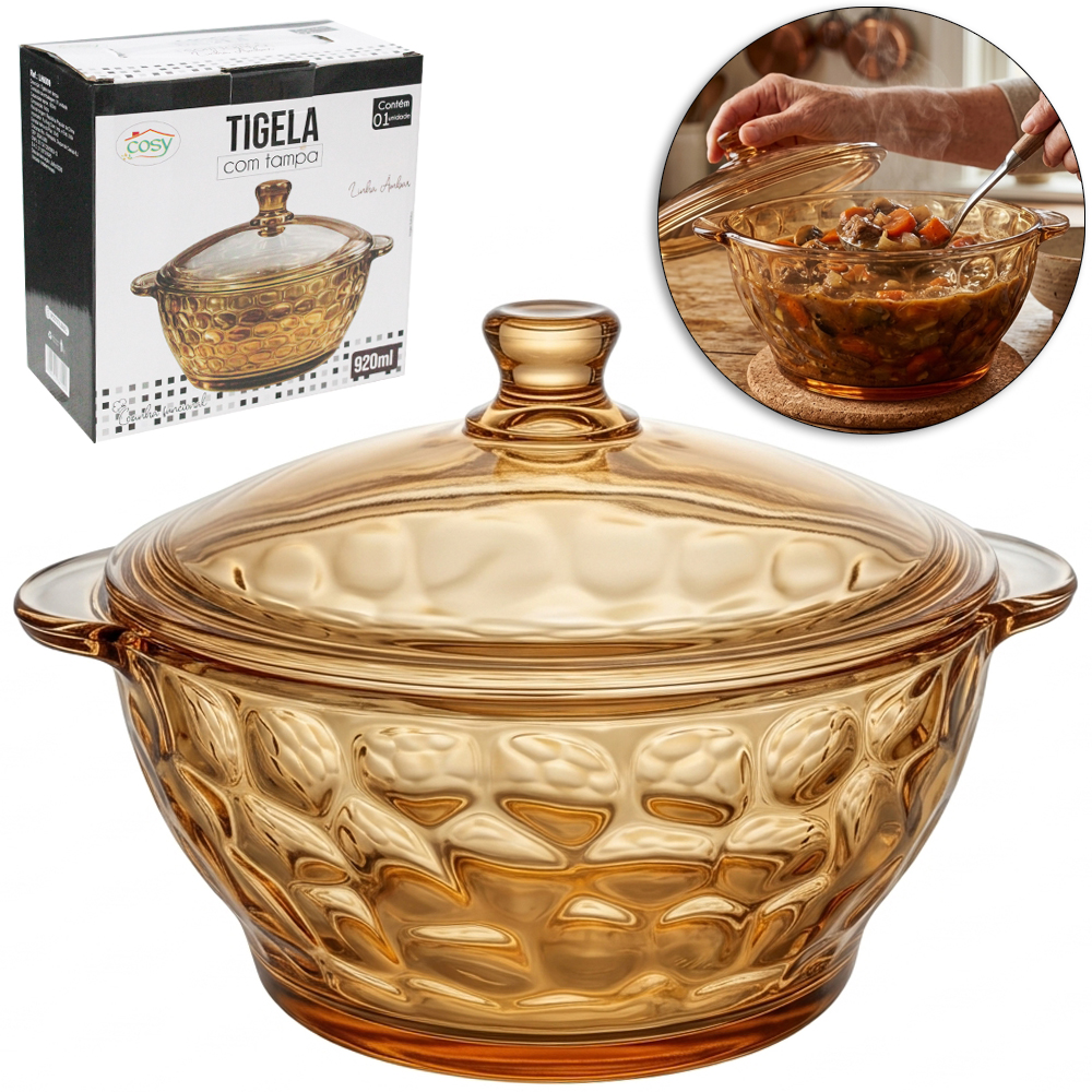 TIGELA DE VIDRO AMBAR REDONDA COM TAMPA LISA 920ML 