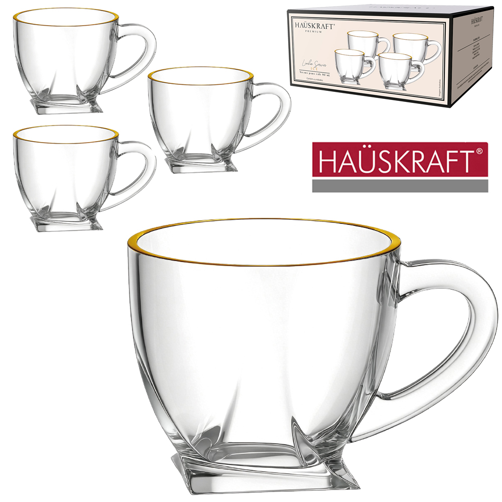 JOGO CANECA XICARA VIDRO CRISTAL COM BORDA DOURADA PARA CAFE LINHA SERVIR ICE HAUSKRAFT PREMIUM 4 PECAS 90ML 