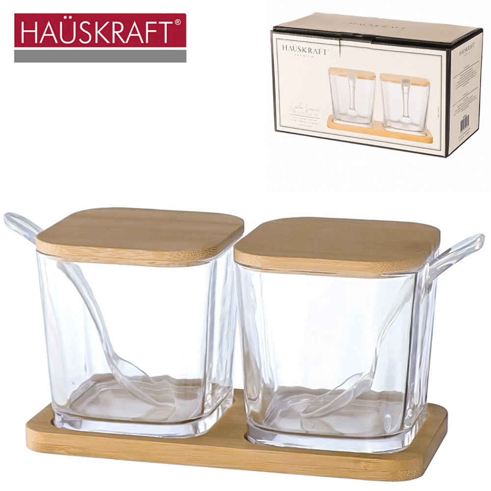 ACUCAREIRO / PORTA CONDIMENTO VIDRO CRISTAL 2 PECAS COM TAMPA + SUPORTE BAMBU LINHA SERVIR MONACO HAUSKRAFT PREMIUM 
