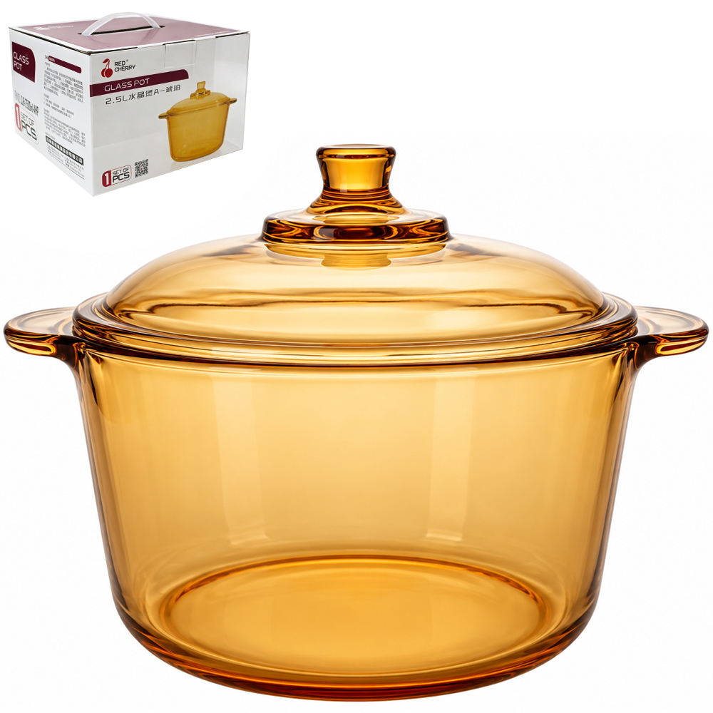 TIGELA TRAVESSA DE VIDRO REDONDA LISA COM ALCA + TAMPA DE VIDRO AMBAR 2,5L