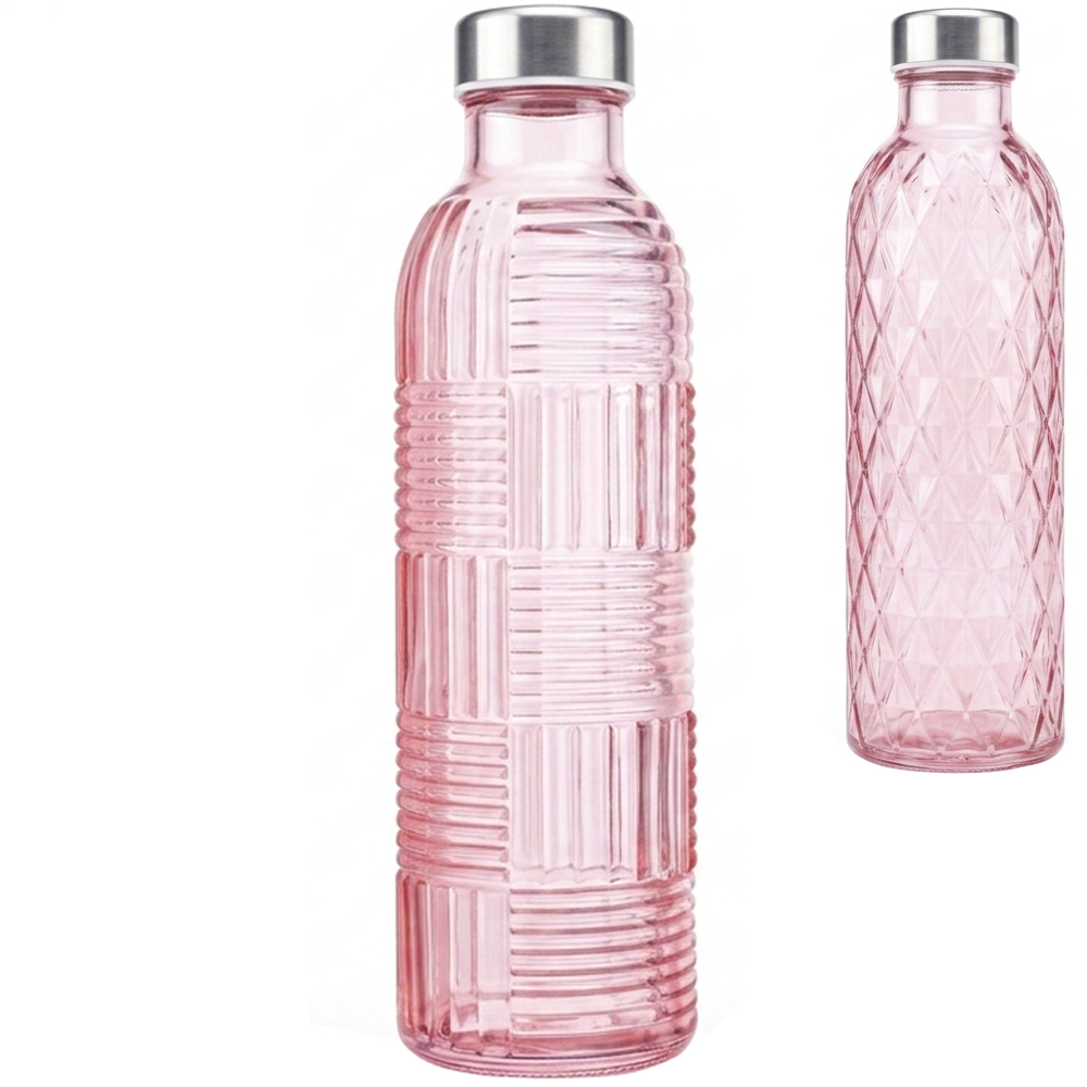 GARRAFA DE AGUA DE VIDRO ROSA COM TAMPA DE METAL 1L
