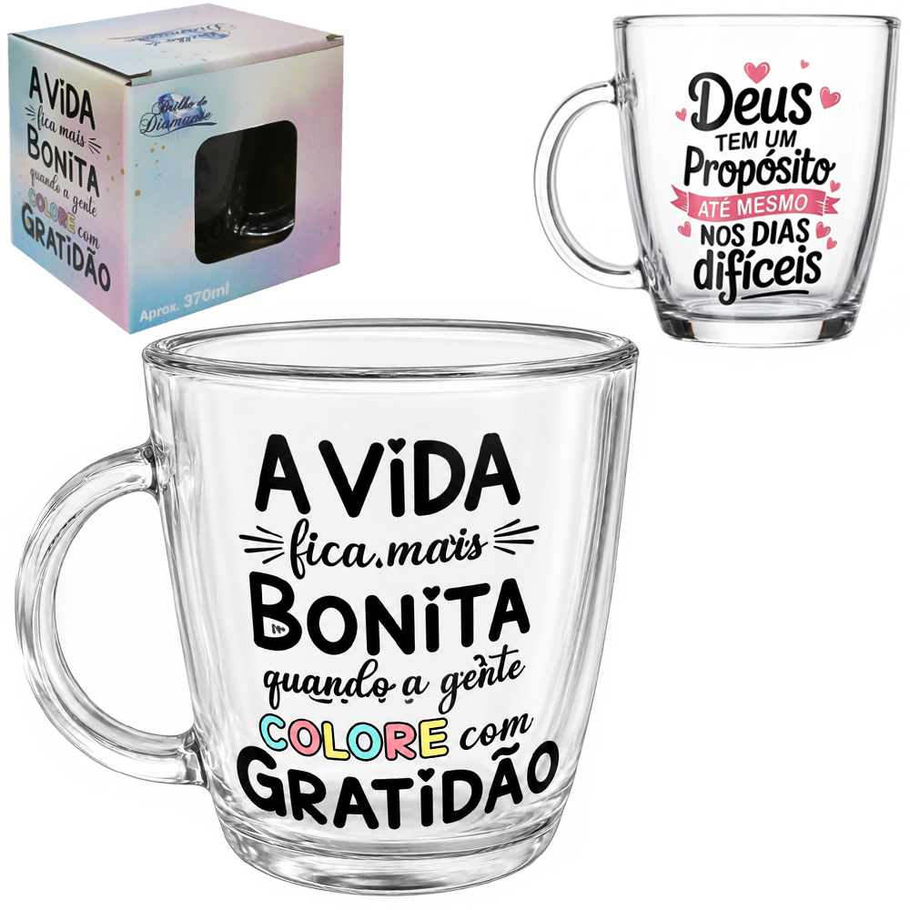CANECA XICARA DE VIDRO FRASES 370ML