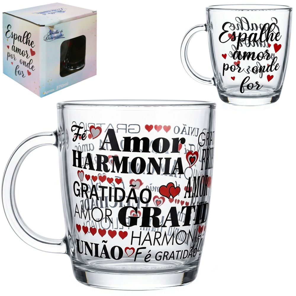 CANECA XICARA DE VIDRO FRASES 370ML