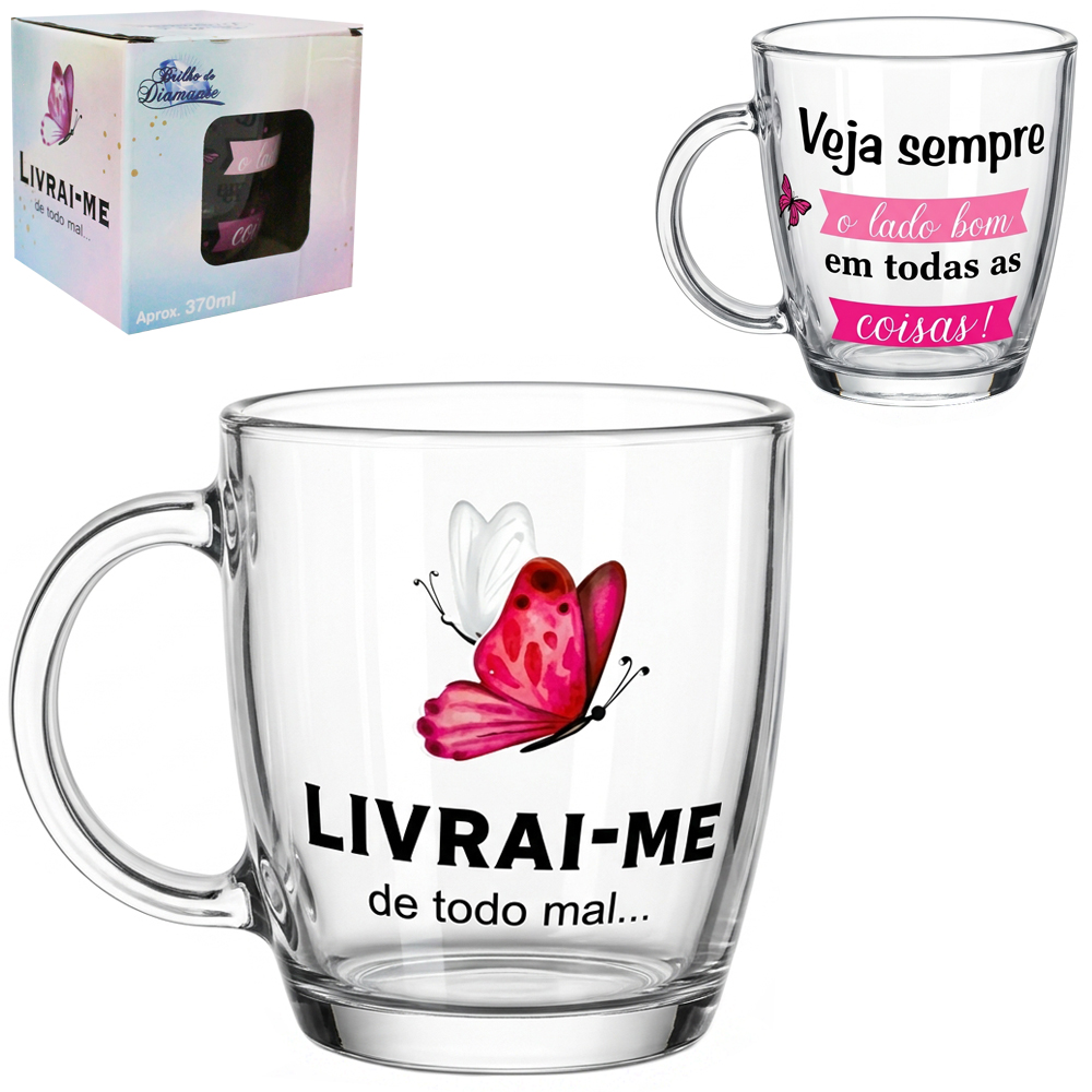 CANECA XICARA DE VIDRO FRASES 370ML 