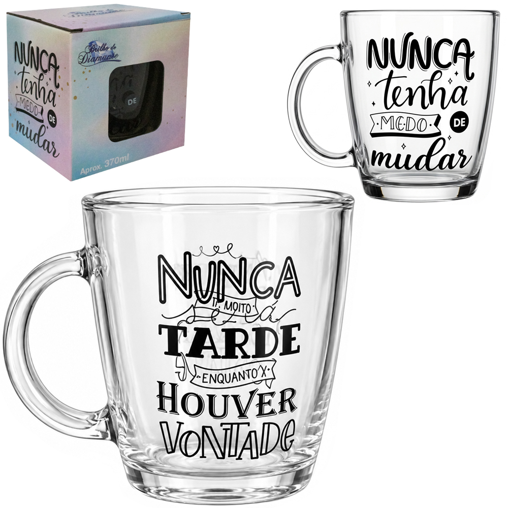 CANECA XICARA DE VIDRO FRASES 370ML 