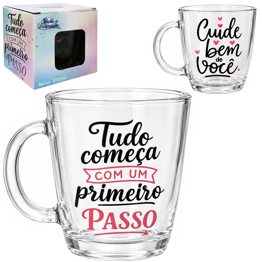 CANECA XICARA DE VIDRO FRASES 370ML