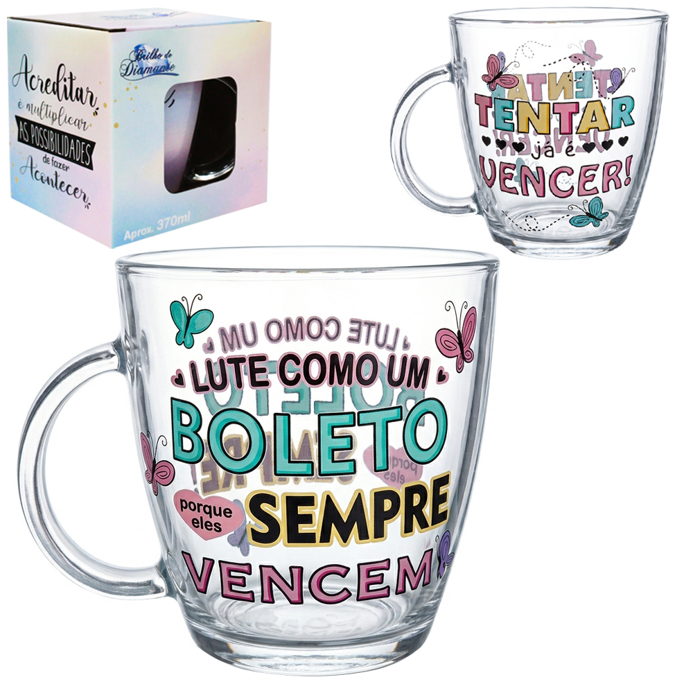 CANECA XICARA DE VIDRO FRASES 370ML 