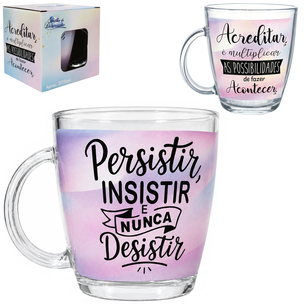 CANECA XICARA DE VIDRO FRASES 370ML 