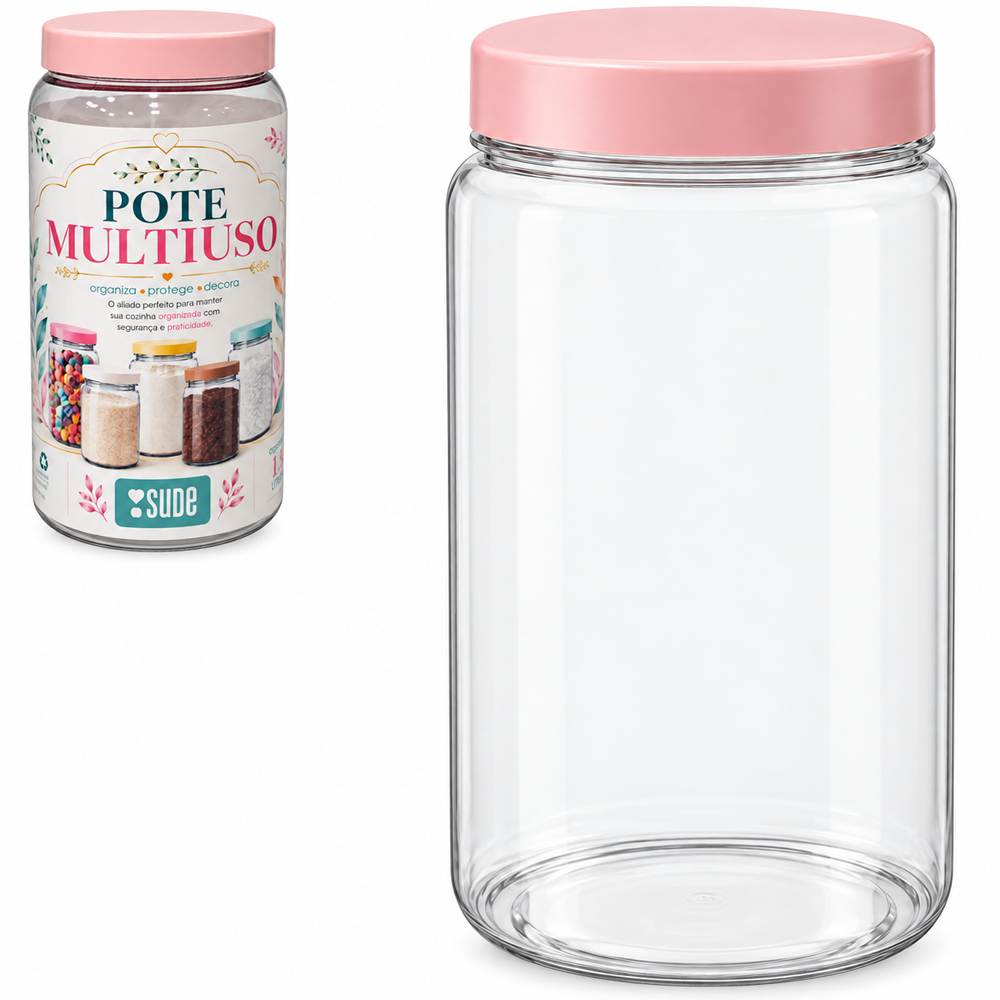POTE ORGANIZADOR DE PLASTICO PET REDONDO COM TAMPA ROSA 1,5L