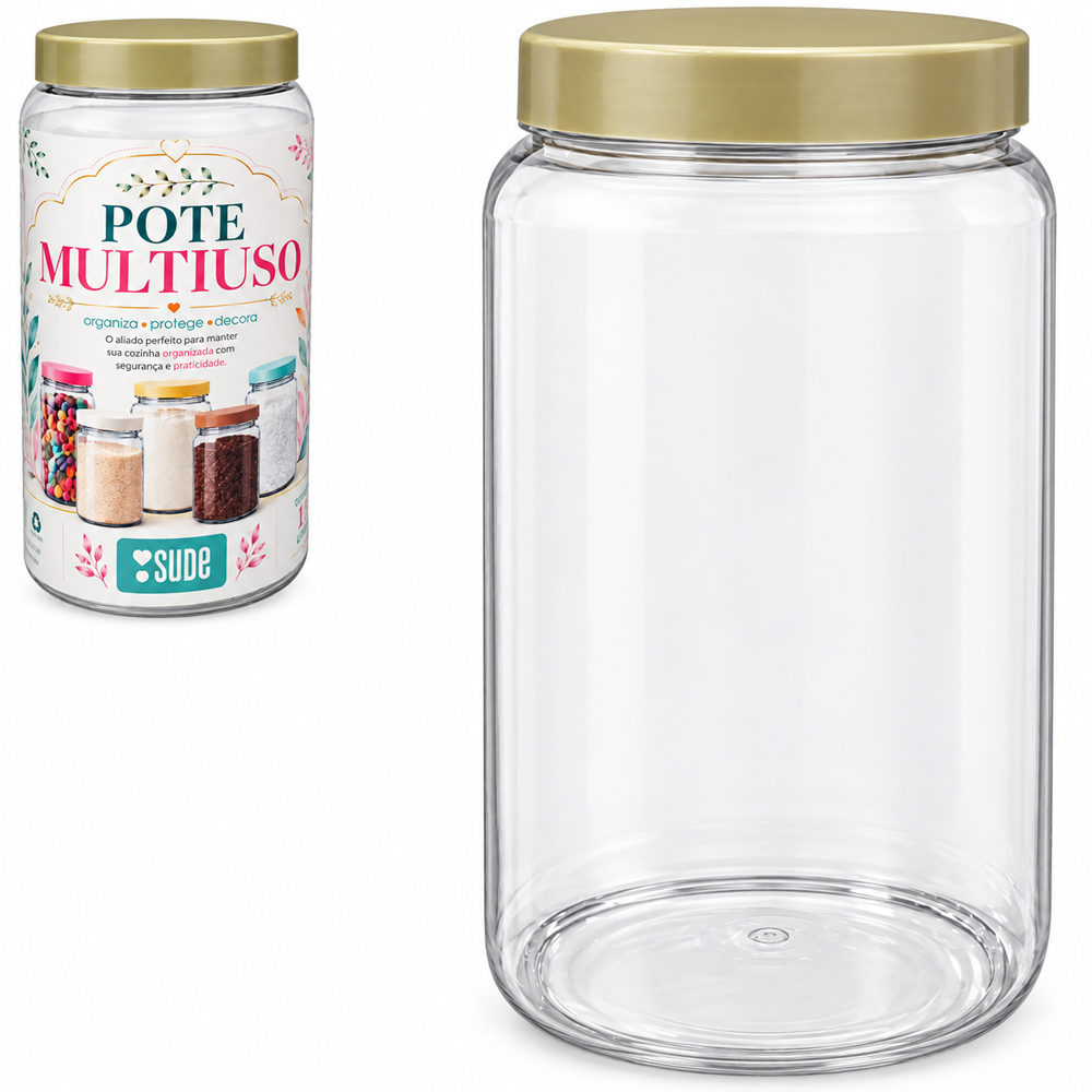 POTE ORGANIZADOR DE PLASTICO PET REDONDO COM TAMPA BEGE 1,5L