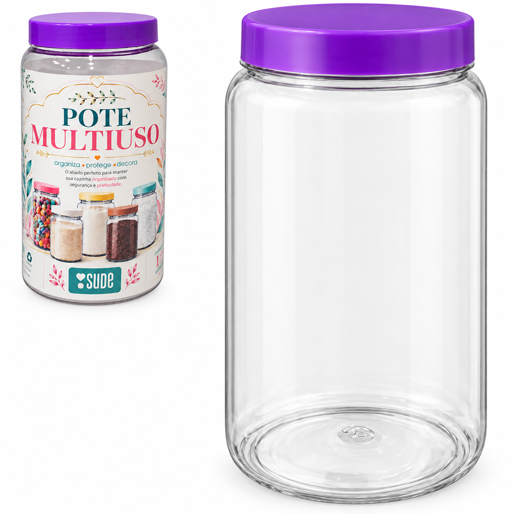 POTE ORGANIZADOR DE PLASTICO PET REDONDO COM TAMPA LILAS 1,5L