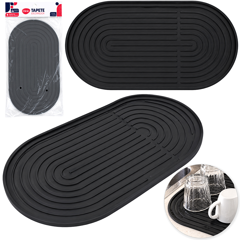 TAPETE ESCORREDOR DE LOUCAS DE SILICONE OVAL PRETO 30,1X18CM