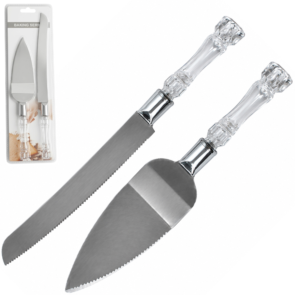 CONJUNTO PARA BOLO COM ESPATULA + FACA DE INOX CABO DE ACRILICO