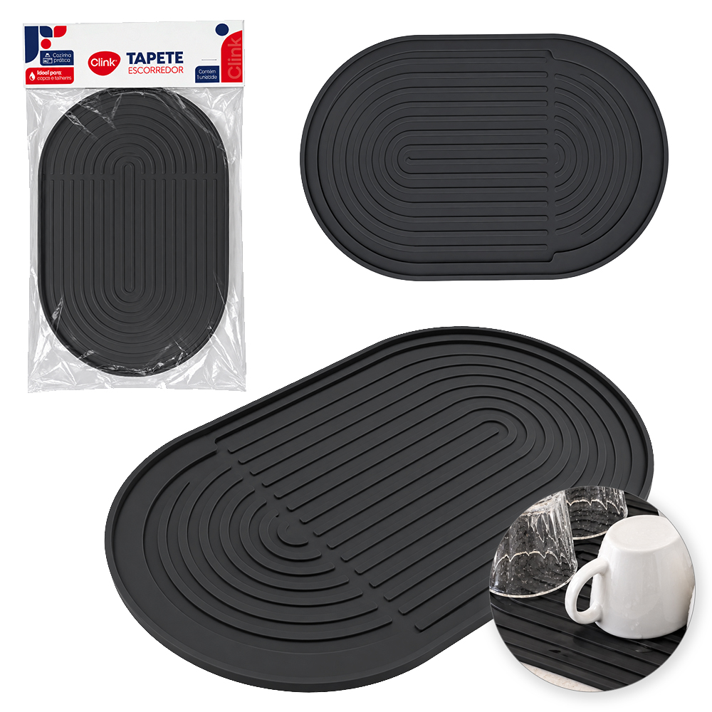 TAPETE ESCORREDOR DE LOUCAS DE SILICONE OVAL PRETO 22,3X15,3CM