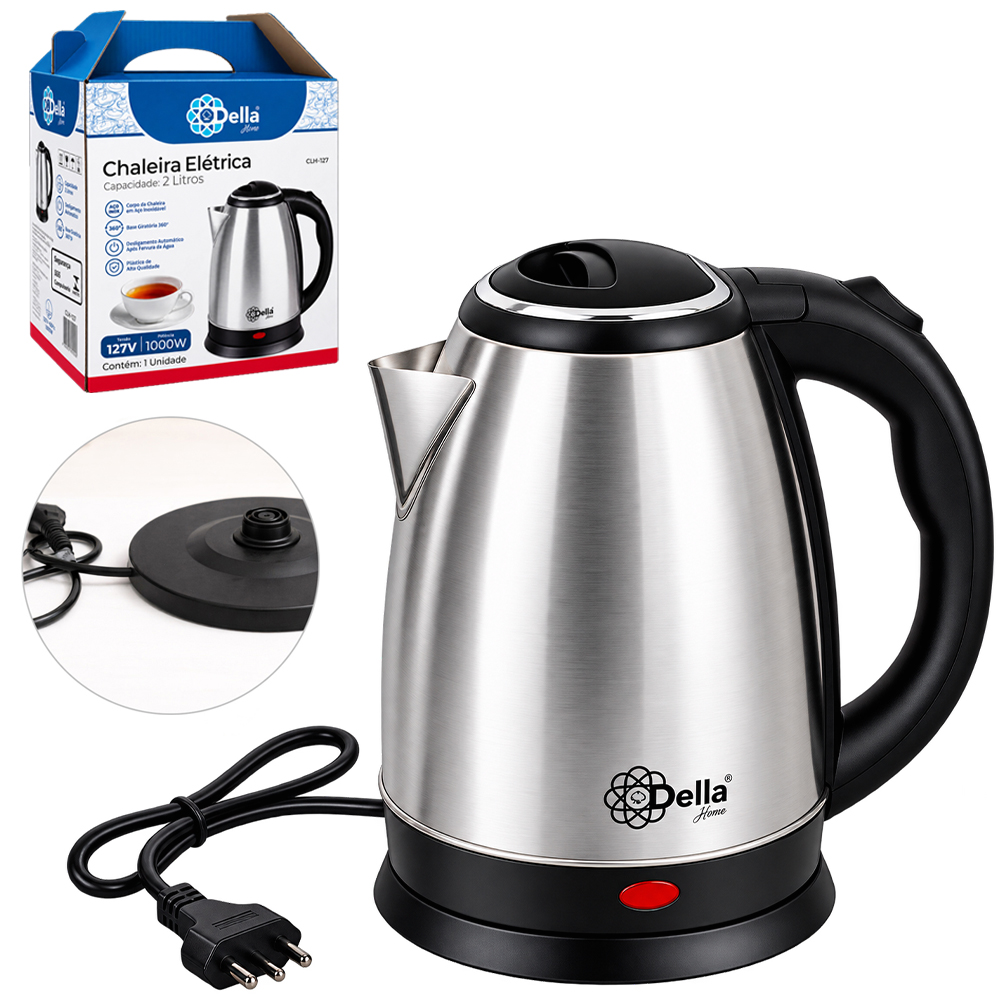 CHALEIRA JARRA ELETRICA DE INOX COM BASE REMOVIVEL + ALCA E LED INDICATIVO 2L 127V